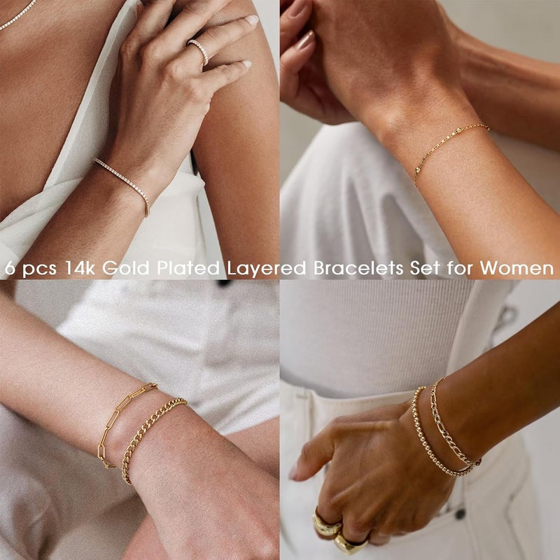 adoyi Gold Bracelets for Women, 14K Gold Plated Stackable Bracelet Stack Set Adjustable Charm Paperclip Chain Cuban Link Layered Waterproof Jewelry Sets Gifts for Womens 6.0/6.8/7.2" - Image 4
